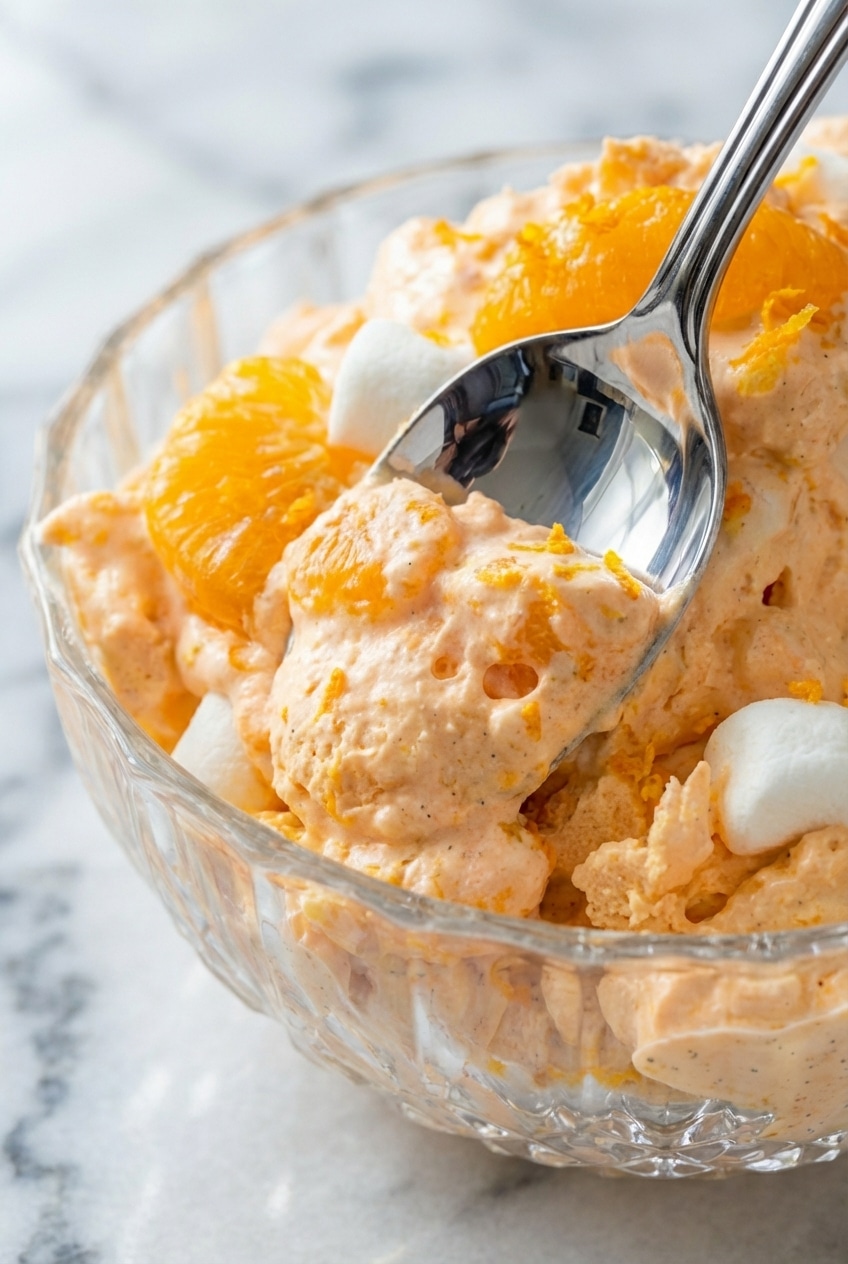 Mixing the vanilla and zest into the orange dreamsicle salad base to ensure a smooth, aromatic texture.