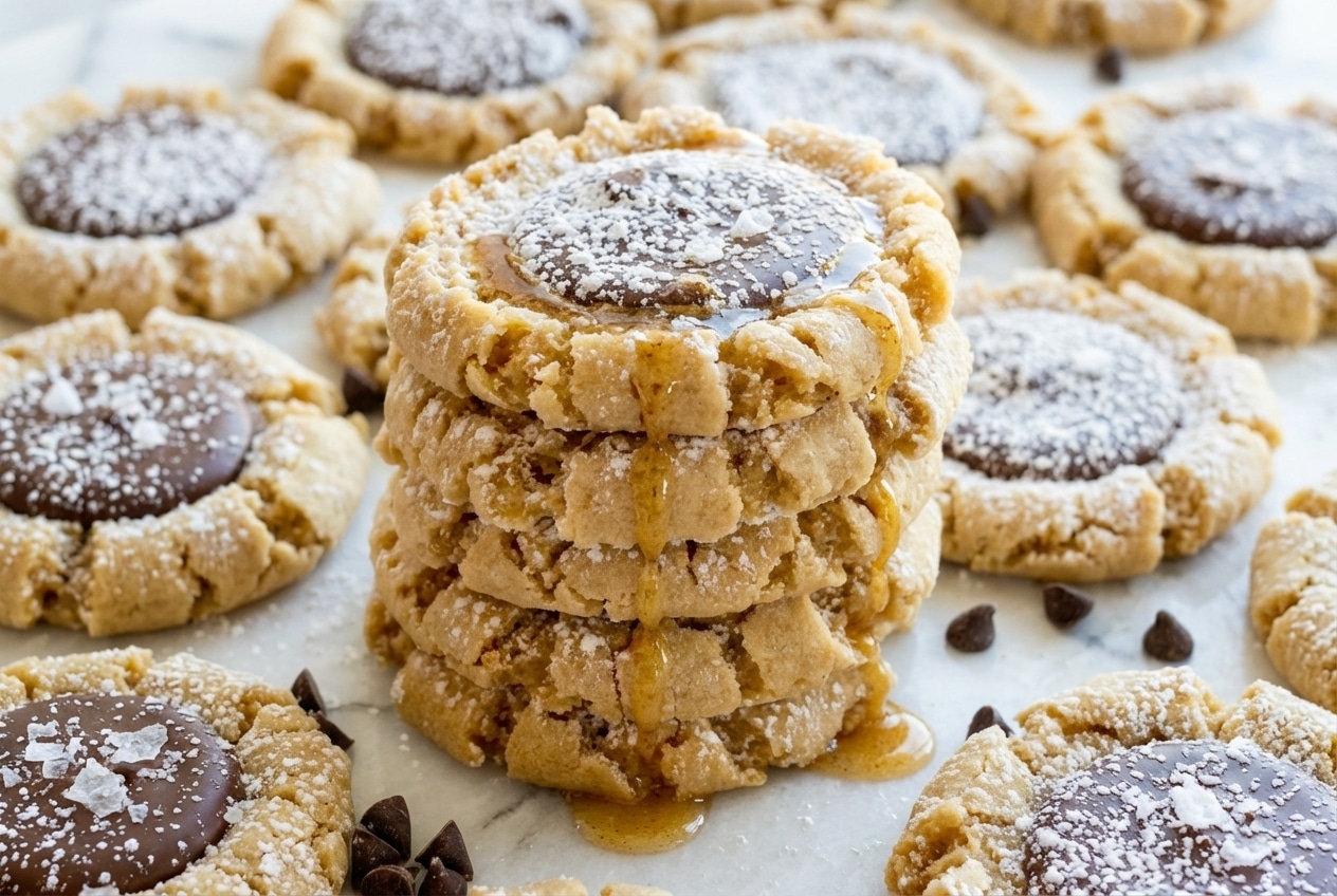 Thick muddy buddy cookies dusted with powdered sugar and finished with a pinch of flakey sea salt.
