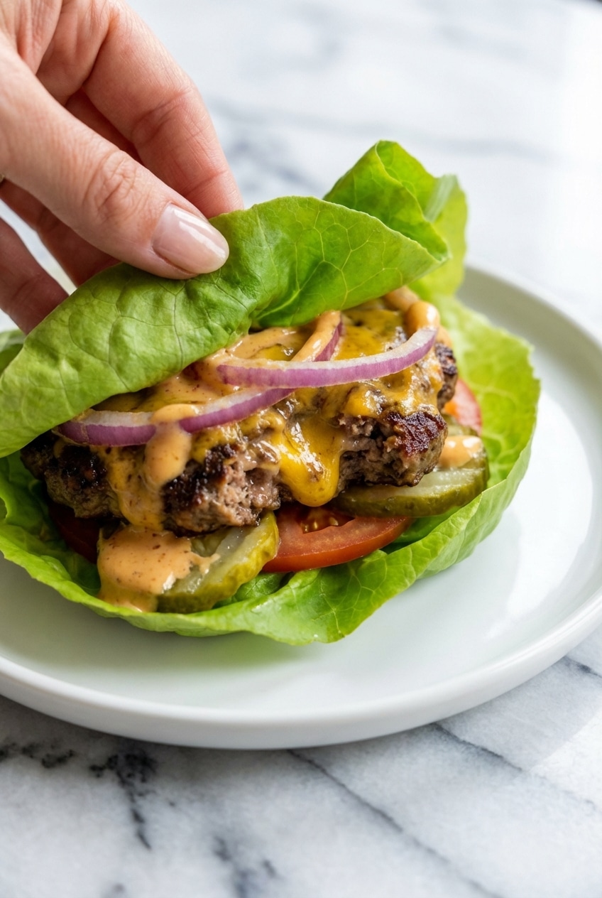A lettuce wrap burger patty searing in a cast iron skillet to achieve a deep Maillard reaction crust.