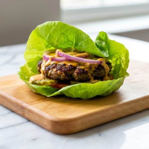 Juicy lettuce wrap burger featuring a mustard-sear crust wrapped in crisp, fresh Boston Bibb lettuce.