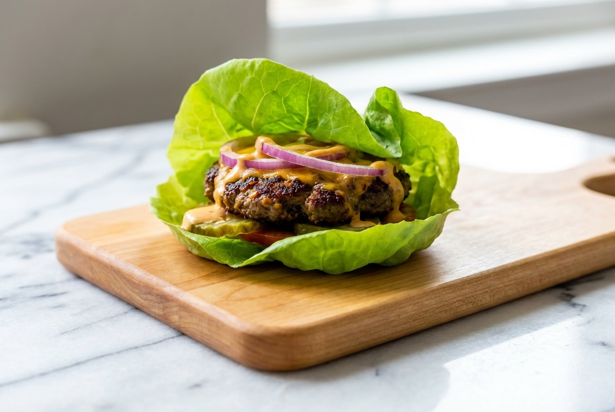 Juicy lettuce wrap burger featuring a mustard-sear crust wrapped in crisp, fresh Boston Bibb lettuce.