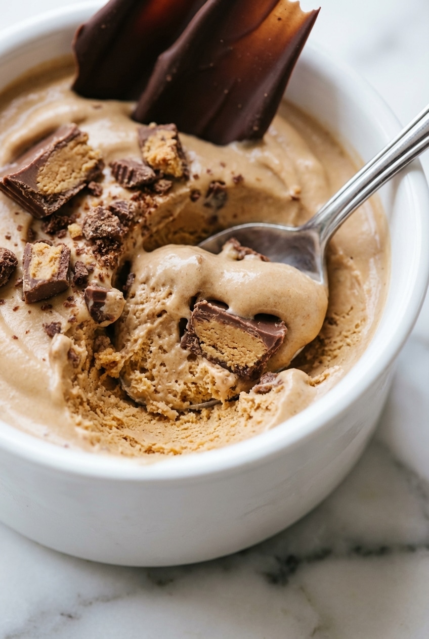 A close-up of a Ninja Creami recipe pint showing the result of the Lite Ice Cream setting.