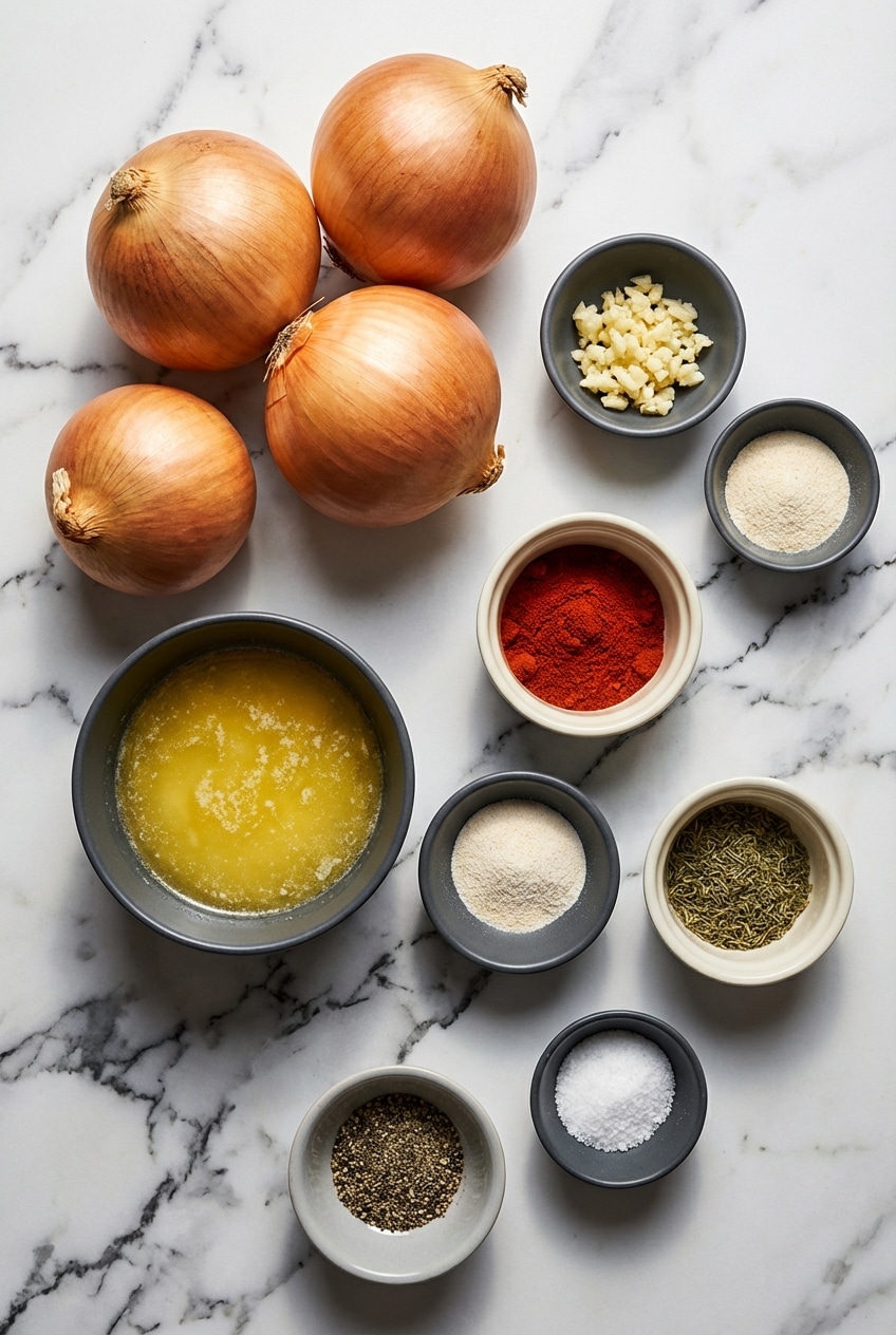 Fresh Vidalia onions, Old Bay seasoning, and compound butter for this onion boil recipe flat lay.