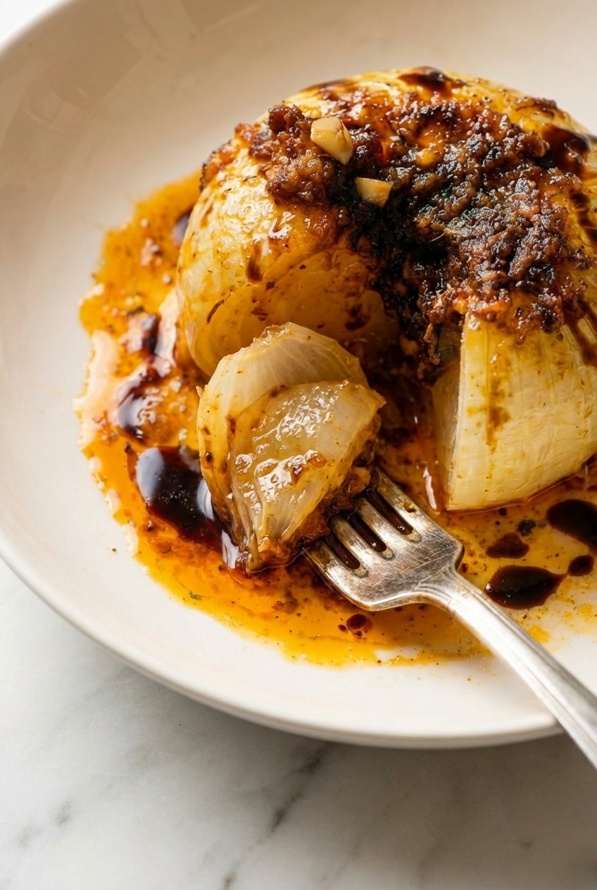 Close-up of a tender onion boil recipe showing the deep caramelization and soft, buttery interior.