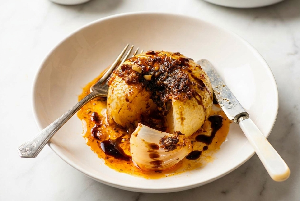 Savory onion boil recipe featuring tender Vidalia onions with an umami-balsamic depth charge glaze.