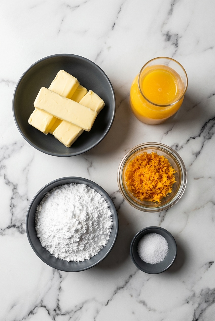Flat lay of orange butter recipe ingredients including unsalted butter, orange zest, and confectioners sugar.
