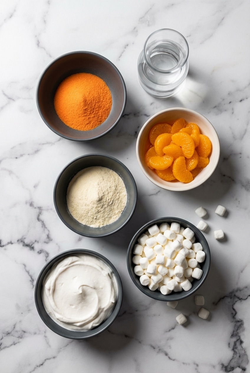 Flat lay of ingredients for orange dreamsicle salad including Mandarin oranges, orange Jell-O, and mini marshmallows.