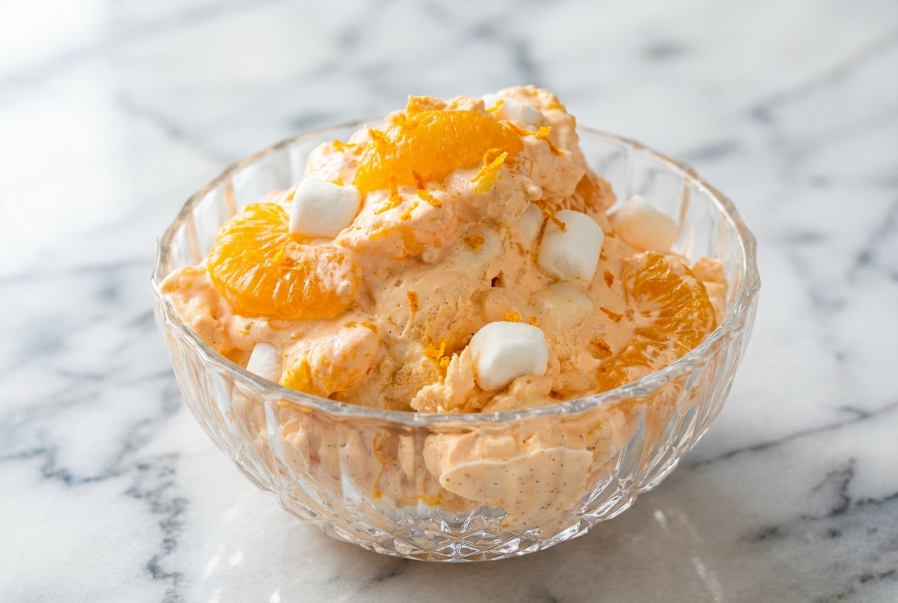 Creamy orange dreamsicle salad featuring a double-vanilla citrus infusion and fresh orange zest in a glass serving bowl.