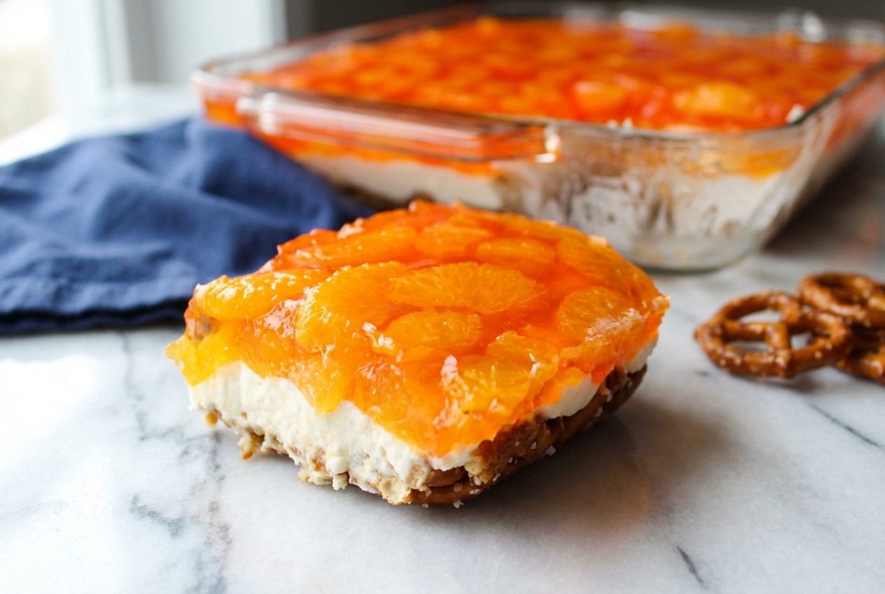 Creamy orange pretzel parfait with a salted brown butter crust and vibrant mandarin orange gelatin layers.