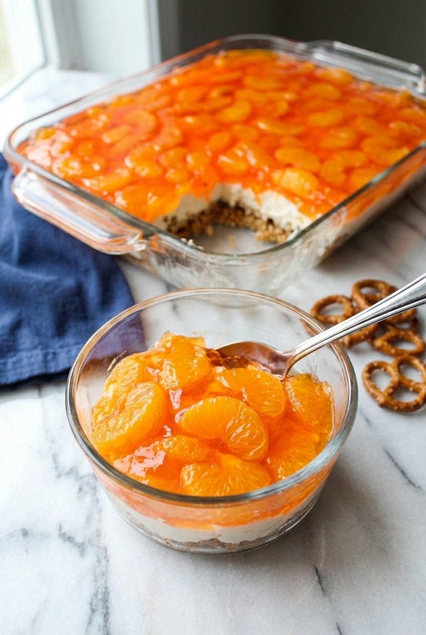 Side view of an orange pretzel parfait showing the distinct layers of crust, cream cheese filling, and gelatin.