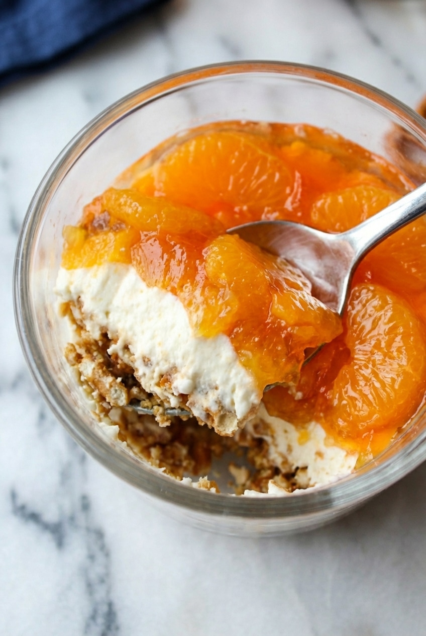 A chilled orange pretzel parfait ready to be served as a bright and inviting potluck recipe.