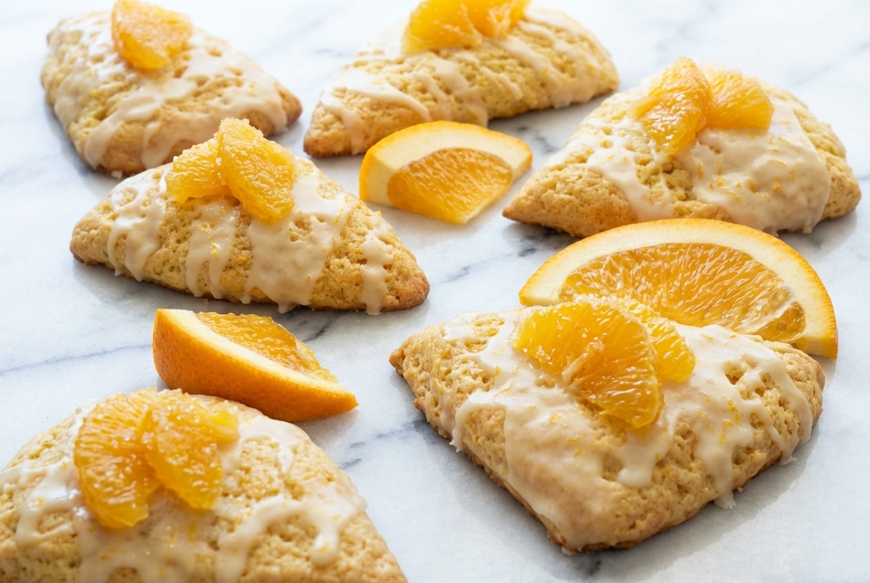 Glazed orange scones featuring a zesty citrus-sugar maceration for vibrant flavor and golden, tender edges.