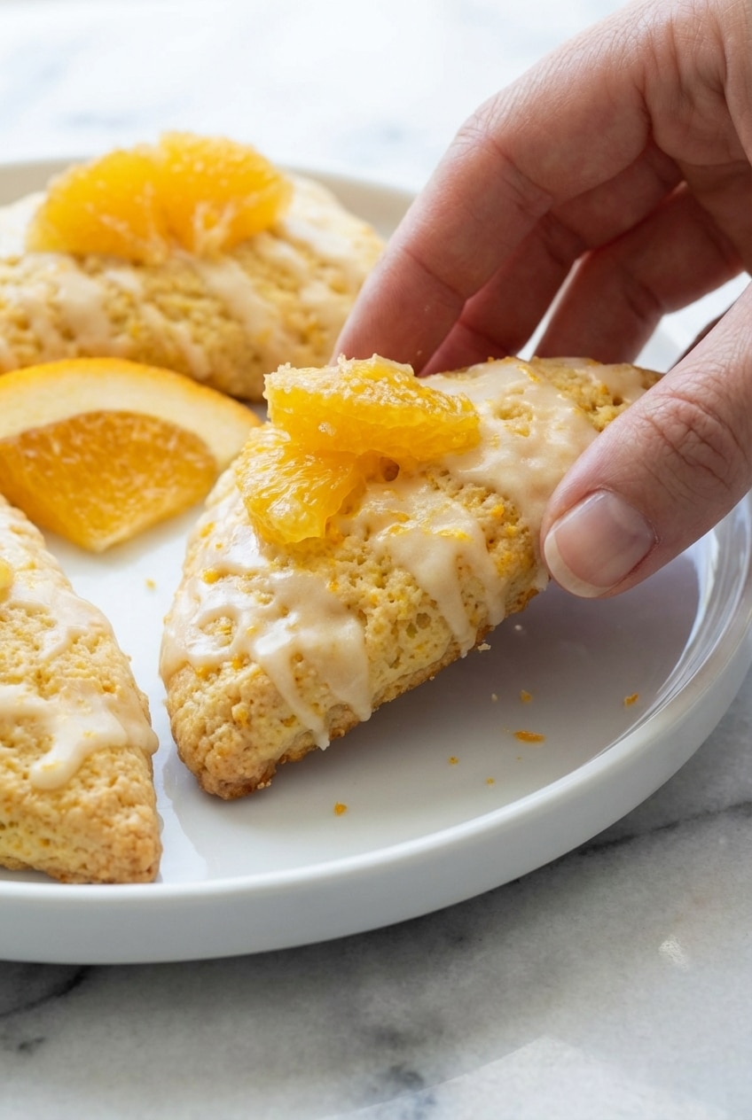 Close-up of flaky orange scones showing the light crumb texture achieved with a pastry cutter and minimal gluten development.