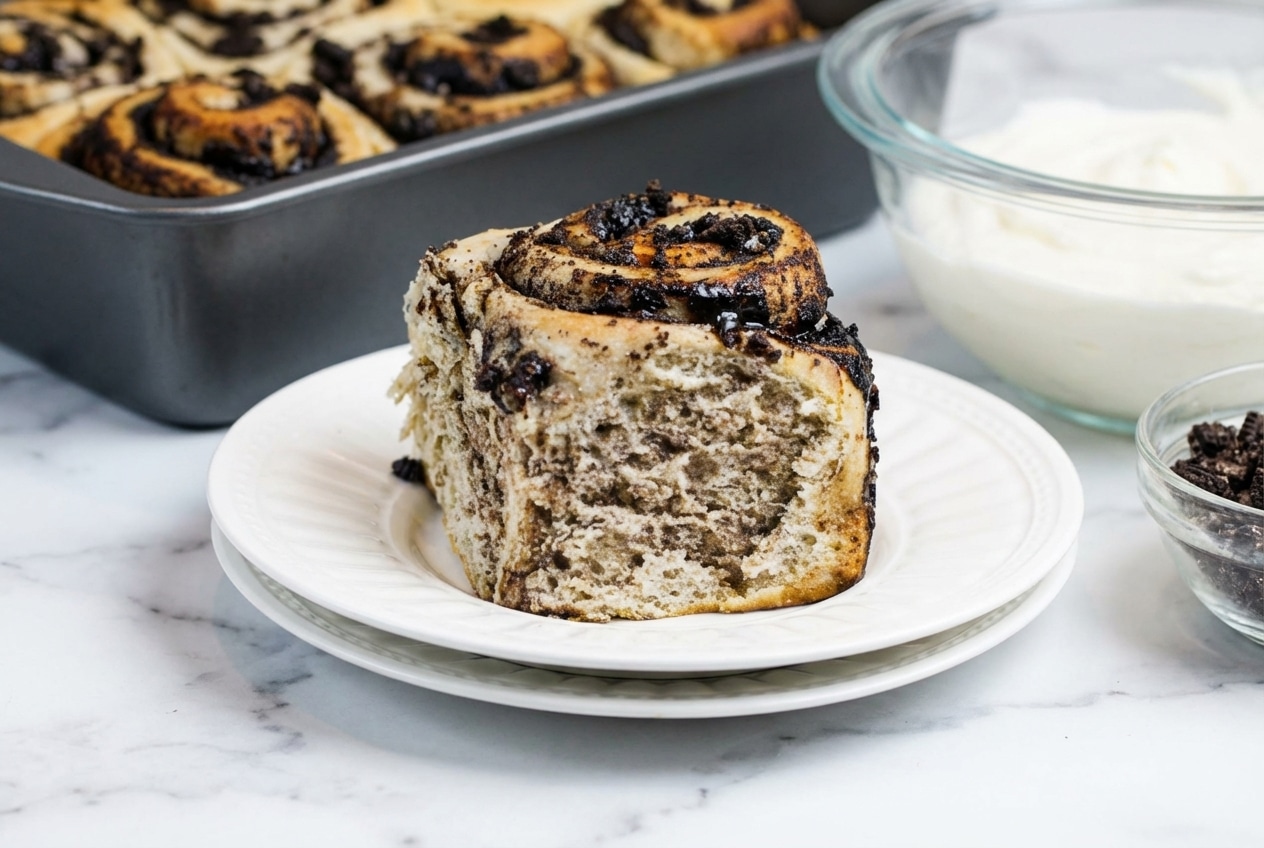 Oreo stuffed cinnamon rolls drizzled with cream cheese icing and filled with a dark black cocoa brown butter swirl.