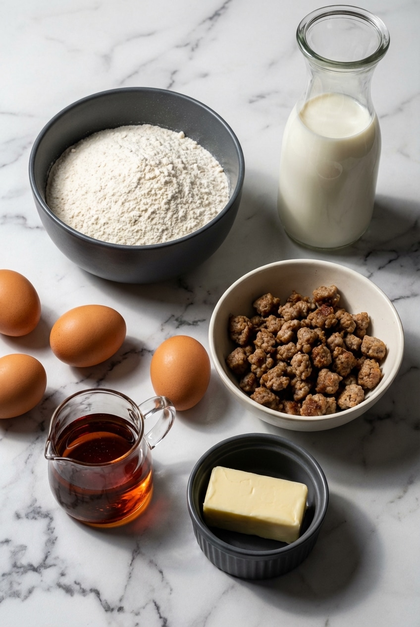 Flat lay of pancake mix, breakfast sausage, cheddar cheese, and egg custard for pancake sausage casserole.