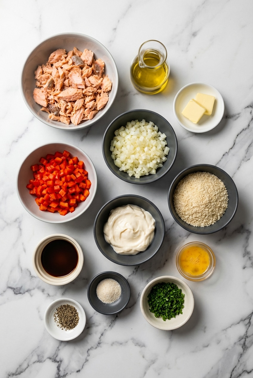 Overhead view of canned pink salmon, panko breadcrumbs, Old Bay seasoning, and binding agents for salmon patties.