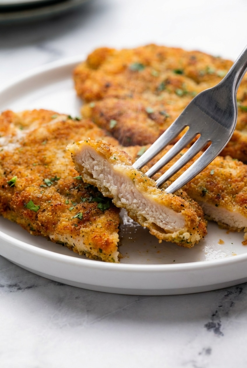 Close-up of the crispy parmesan crusted chicken exterior showing the golden brown Panko crumbs and cheese.