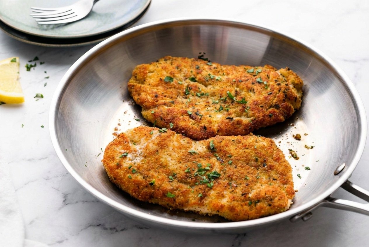 Golden brown parmesan crusted chicken featuring a zesty double-citrus pecorino crust and fresh herbs.
