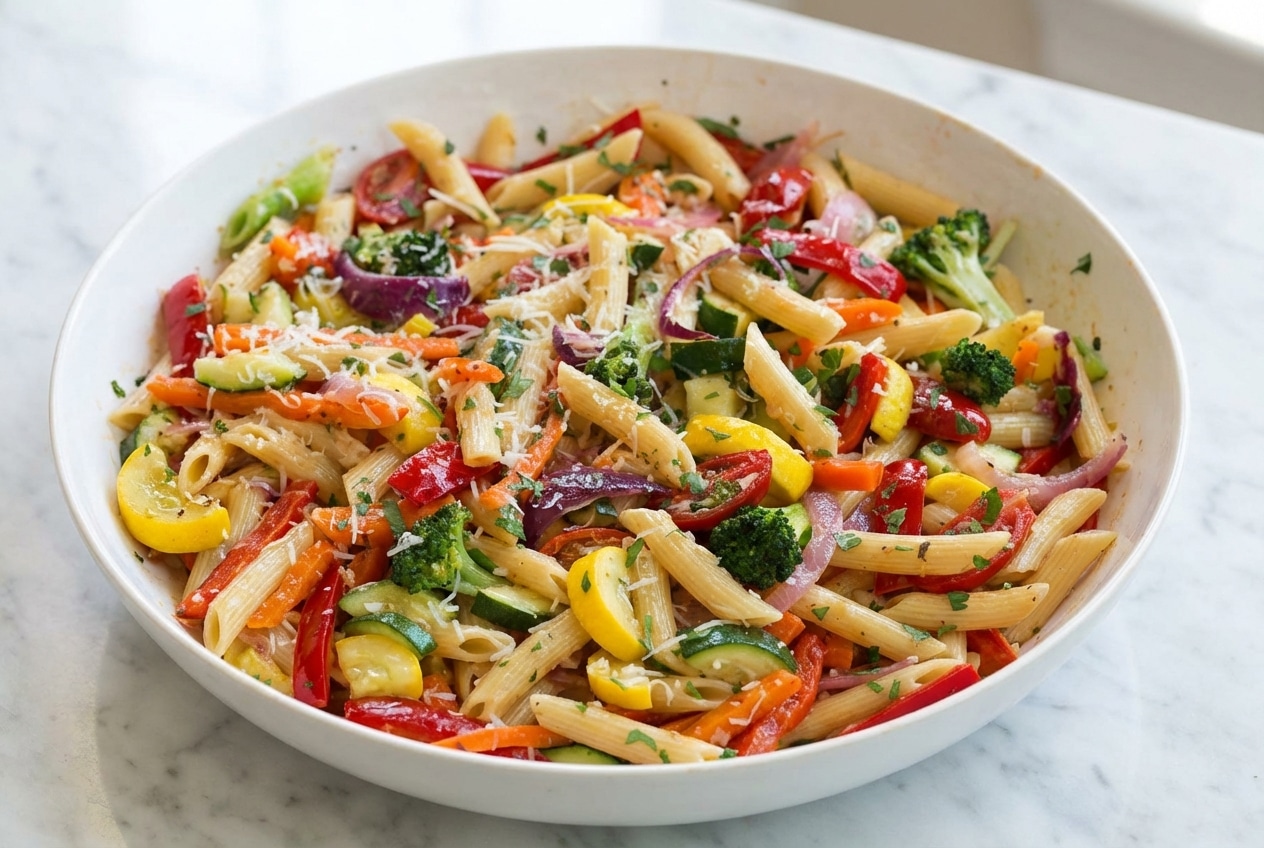 Pasta primavera with julienne vegetables tossed in golden brown butter and red pepper infused oil.