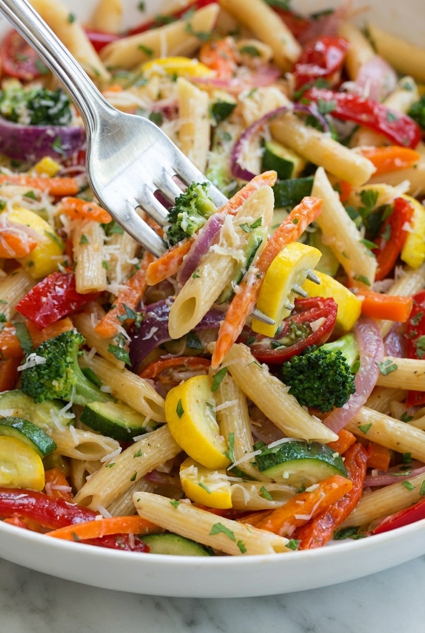 A close-up of pasta primavera showing the silky emulsification of starchy pasta water and infused oil.