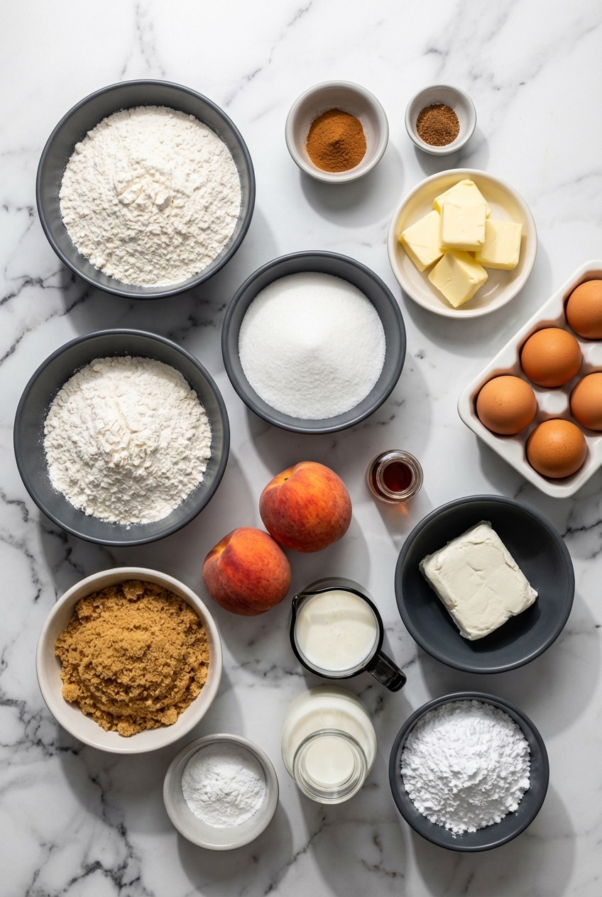 Overhead view of peach cobbler pound cake ingredients including cake flour, buttermilk, fresh peaches, and beurre noisette.