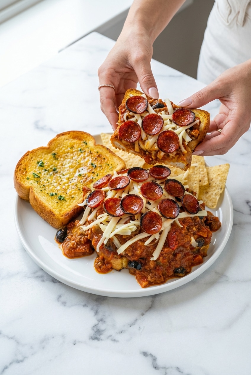 Serving pepperoni pizza sloppy joes on a casual dinner plate with melted cheese pulls and golden brioche.