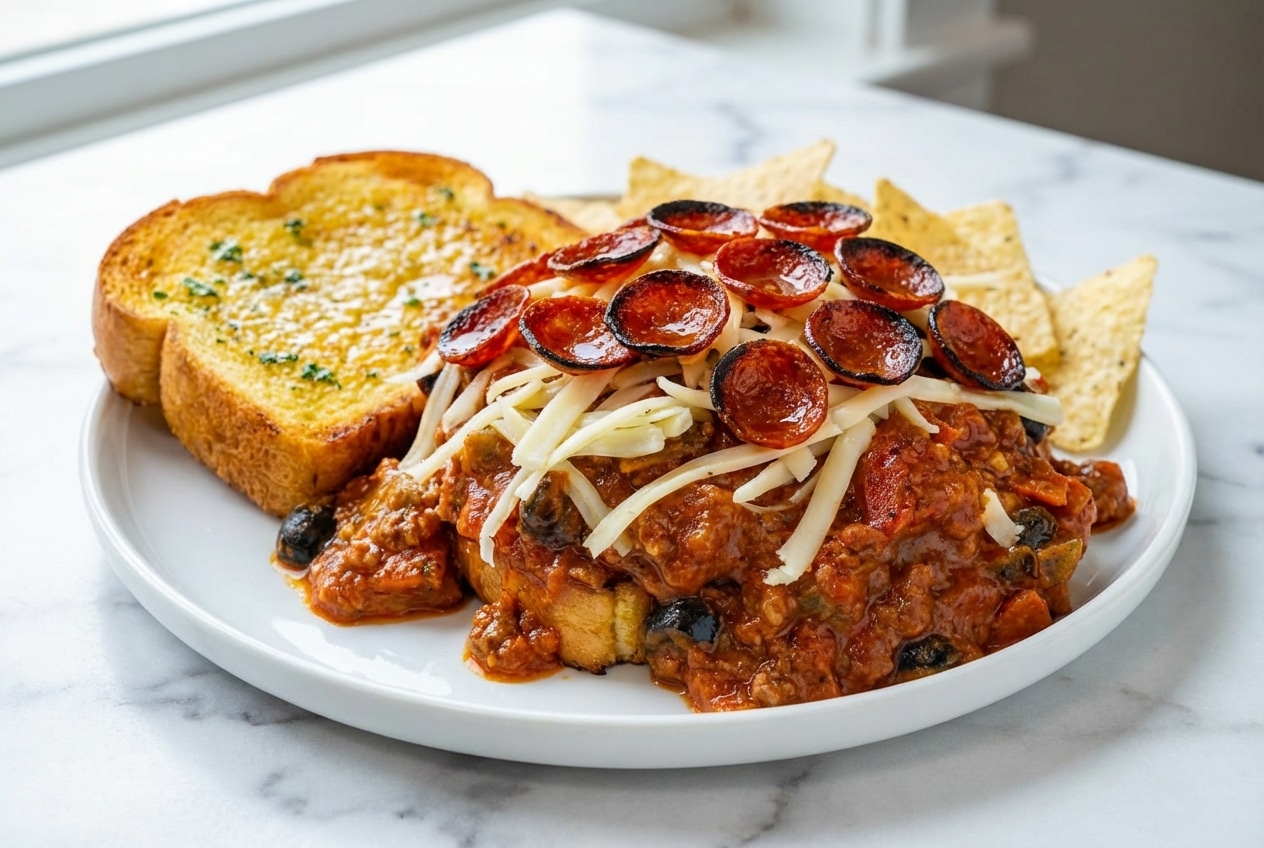 Pepperoni pizza sloppy joes on garlic-butter brioche topped with a crispy pepperoni crown and melted mozzarella.
