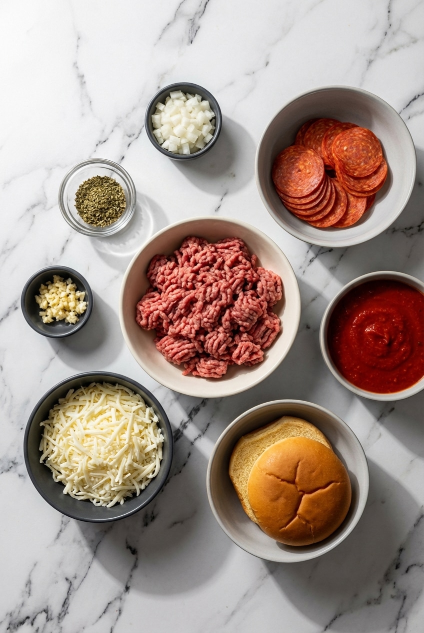 Ingredients for pepperoni pizza sloppy joes featuring ground beef, sliced pepperoni, mozzarella cheese, and pizza sauce.