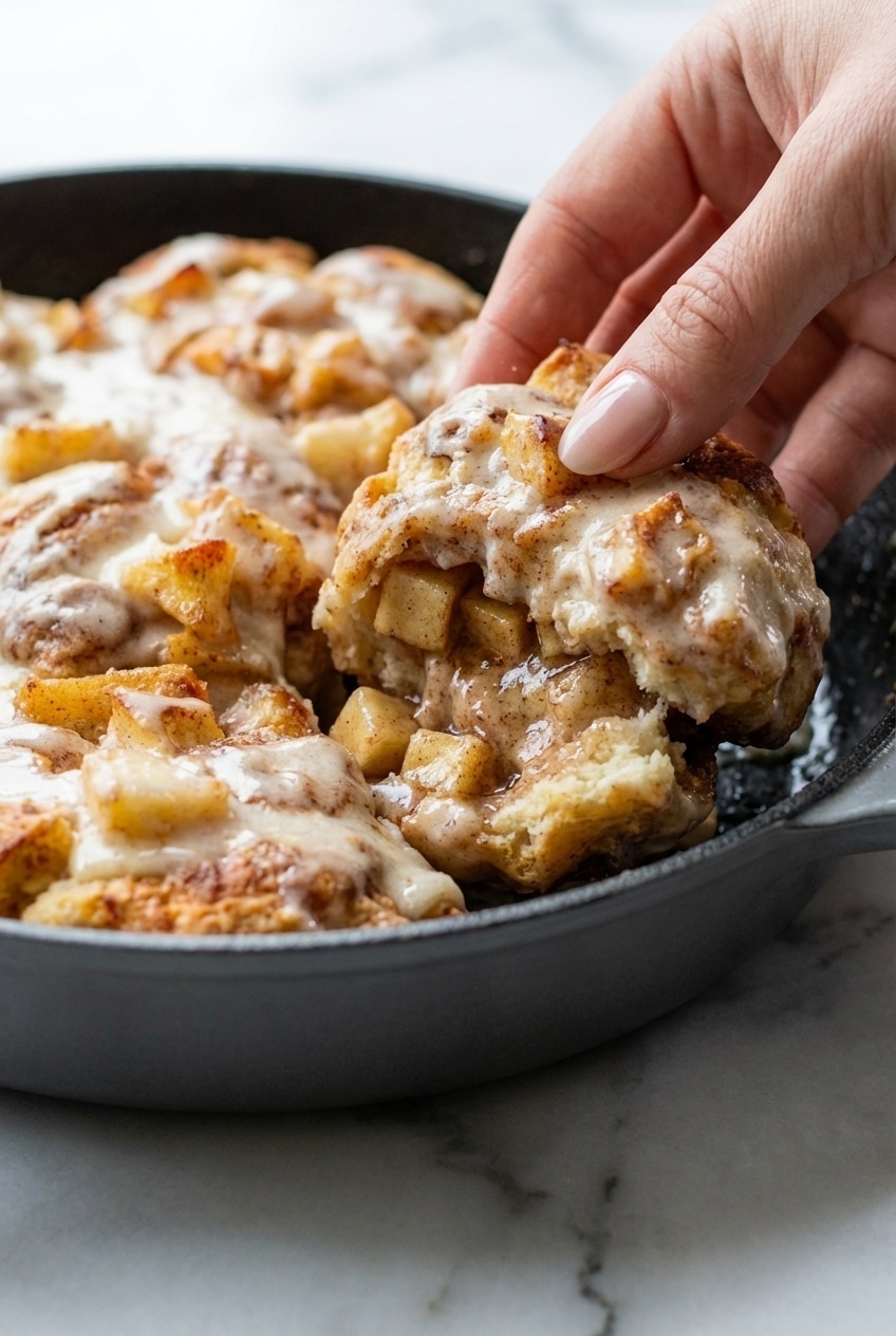 Flaky apple pie biscuits arranged in a skillet showing the golden brown butter crust and rise.