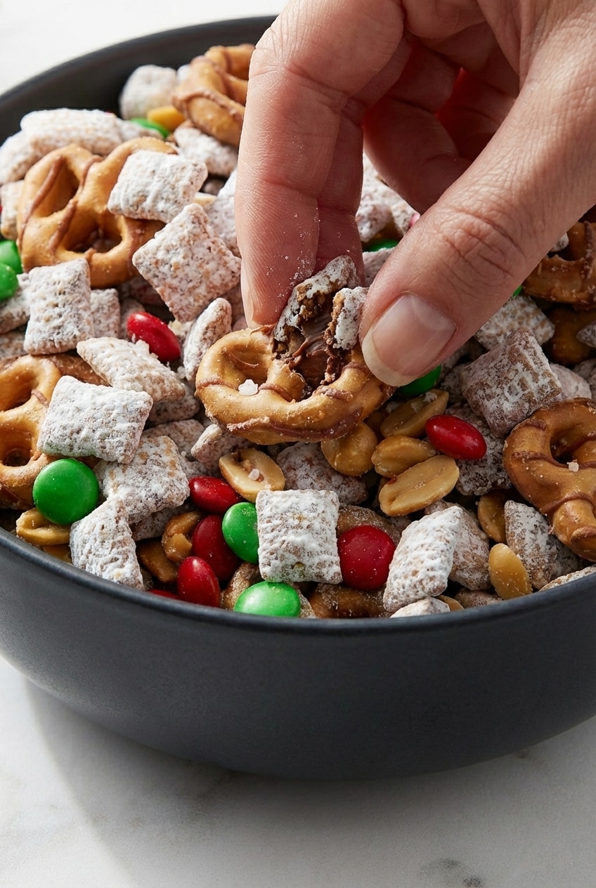 A bowl of trail mix muddy buddies recipe garnished with mini marshmallows and a hint of smoked sea salt.