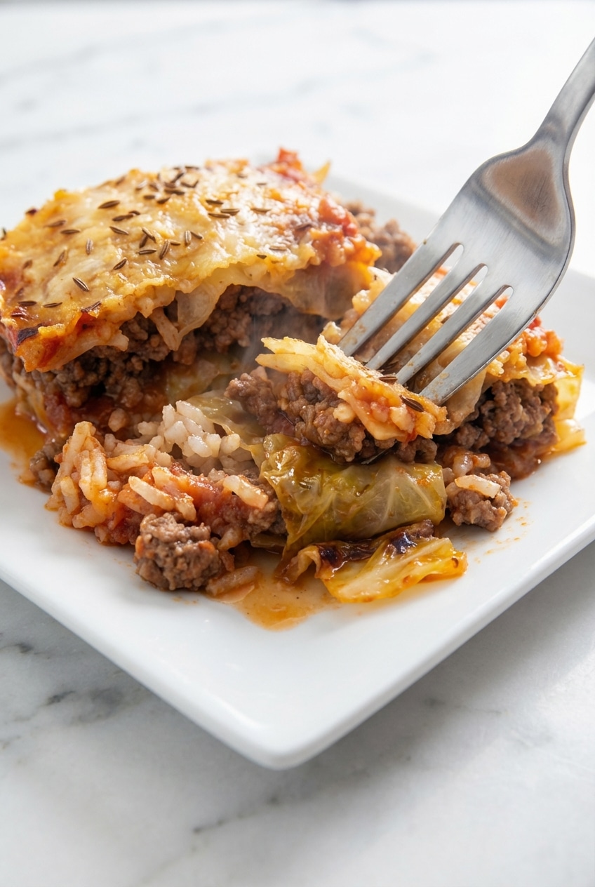 Close-up of stuffed cabbage roll casserole showing the browned caraway crust and tender cabbage layers.