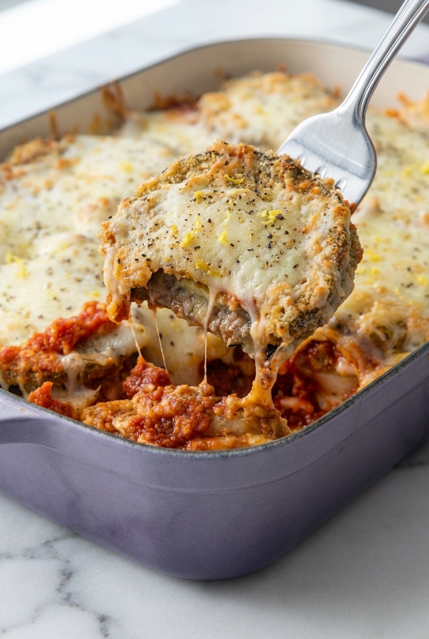A close view of golden-brown eggplant parmesan showing the crispy texture achieved through the Maillard reaction.