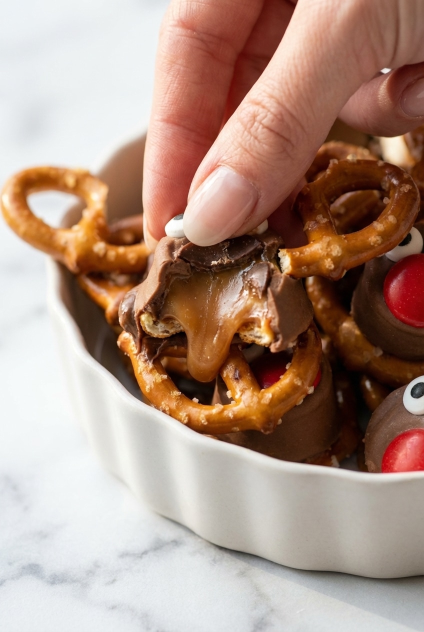 Close-up of rolo pretzel reindeer showing the smooth chocolate finish and salt-dusted pretzel antlers.