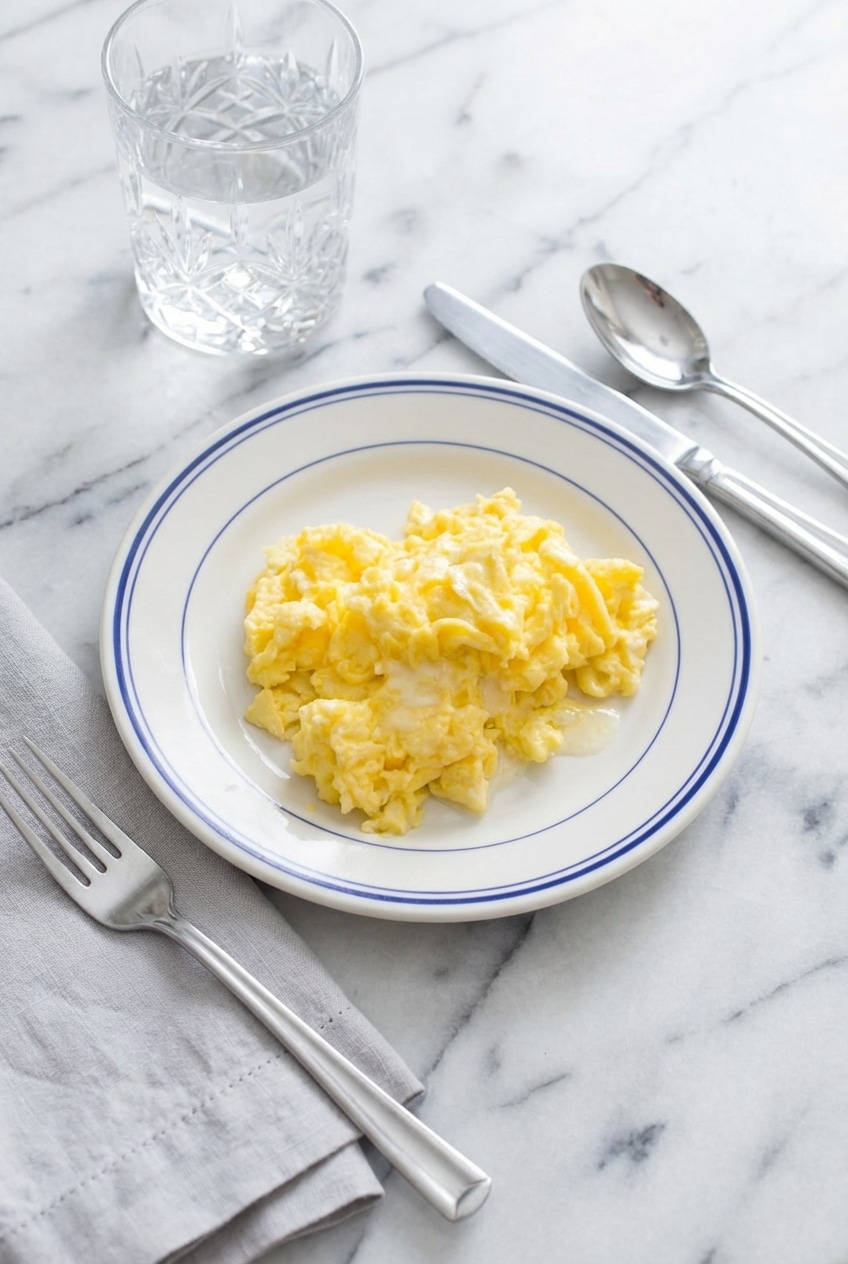 A plate of creamy scrambled eggs showing gentle curd formation and no browning.