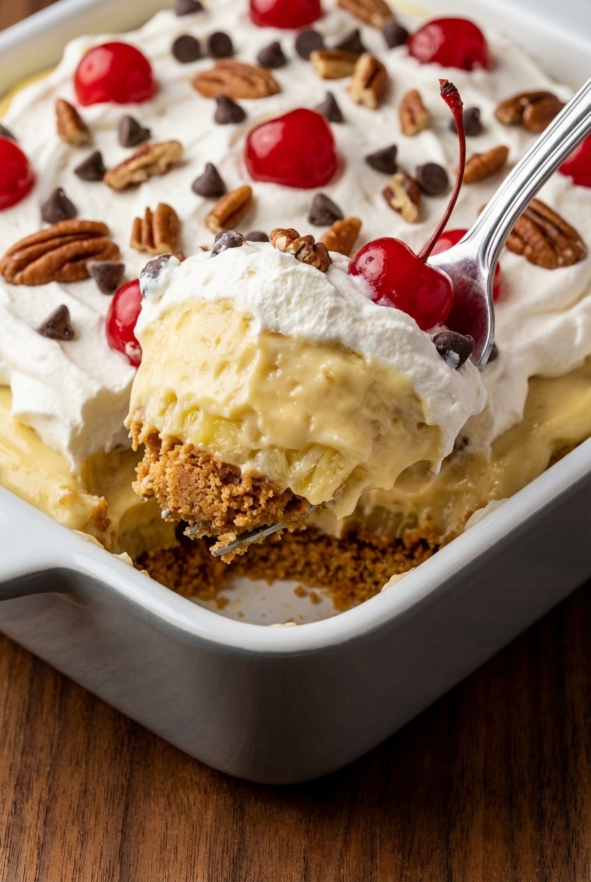 A clean slice of no bake banana split dessert showing the pecan and chocolate chip topping in a 9x13 baking dish.