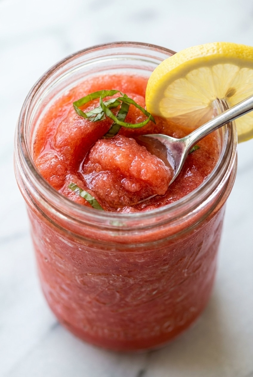 Close-up of frozen strawberry lemonade achieving a smooth slushy consistency inside a high-speed blender.