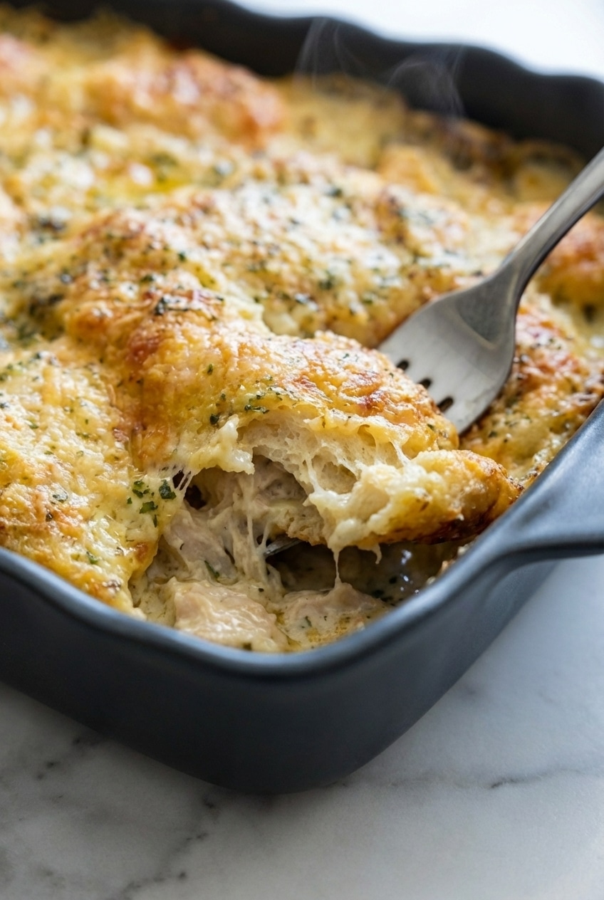A close-up of chicken bubble biscuit bake casserole showing the fluffy texture of the baked dough and melted cheese.