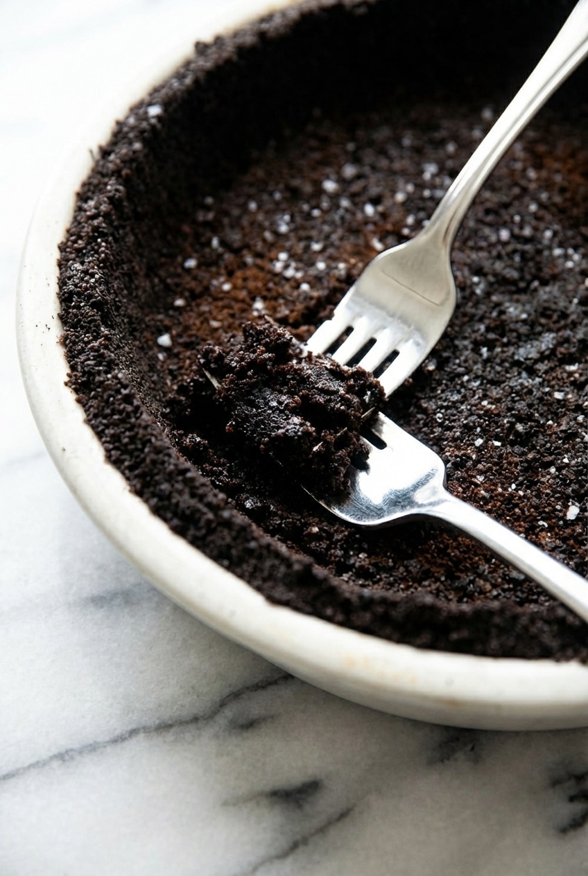 Close-up of the uniform texture of a pressed oreo pie crust showing the fine cookie crumbs.