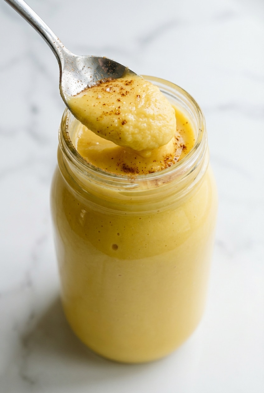 Thick, vibrant mango smoothie poured into a glass showing smooth emulsification and rich color.
