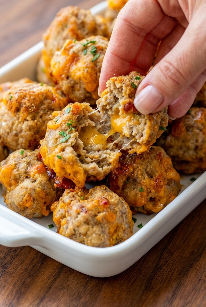 Close up of baked cream cheese sausage balls showing a crispy exterior and tender center on parchment paper.