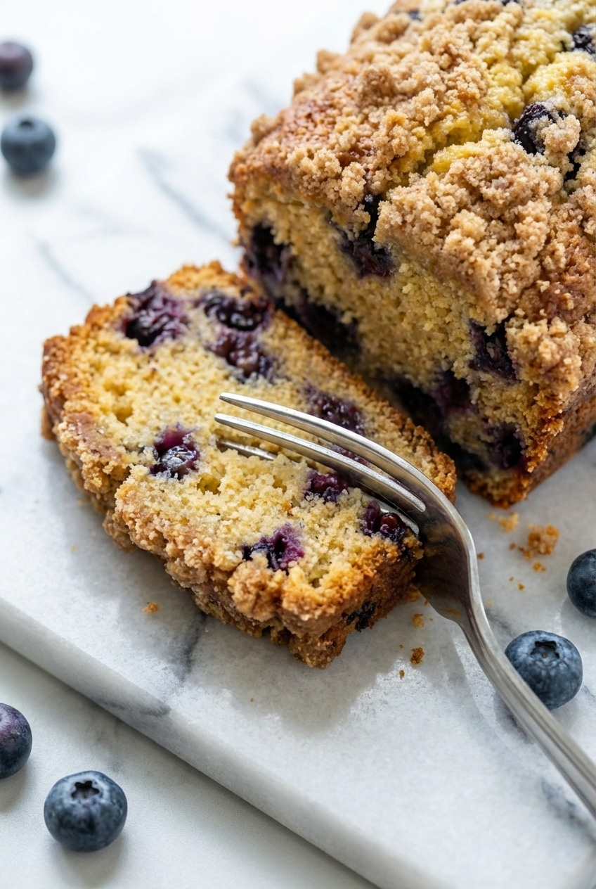 Fresh blueberry cream cheese loaf on a cooling rack showcasing its golden streusel crumble topping.