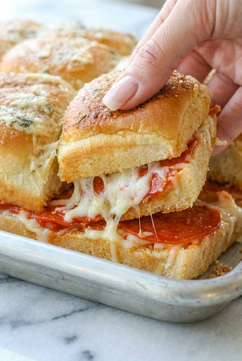 Golden pizza sliders hawaiian rolls on a baking sheet showing the professional moisture barrier results.
