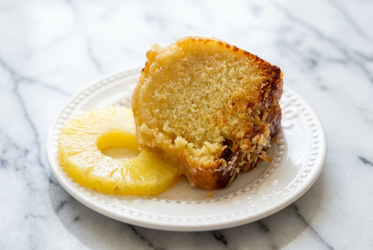 Golden pina colada pound cake in a Bundt pan drenched in a glossy pineapple-rum glaze soak.