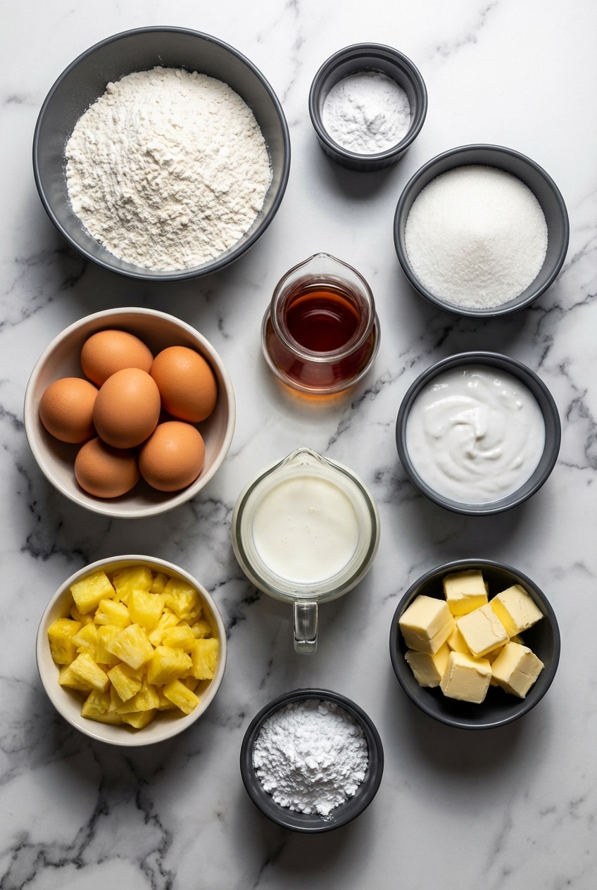 Flat lay of pina colada pound cake ingredients including cream of coconut, crushed pineapple, and coconut rum.