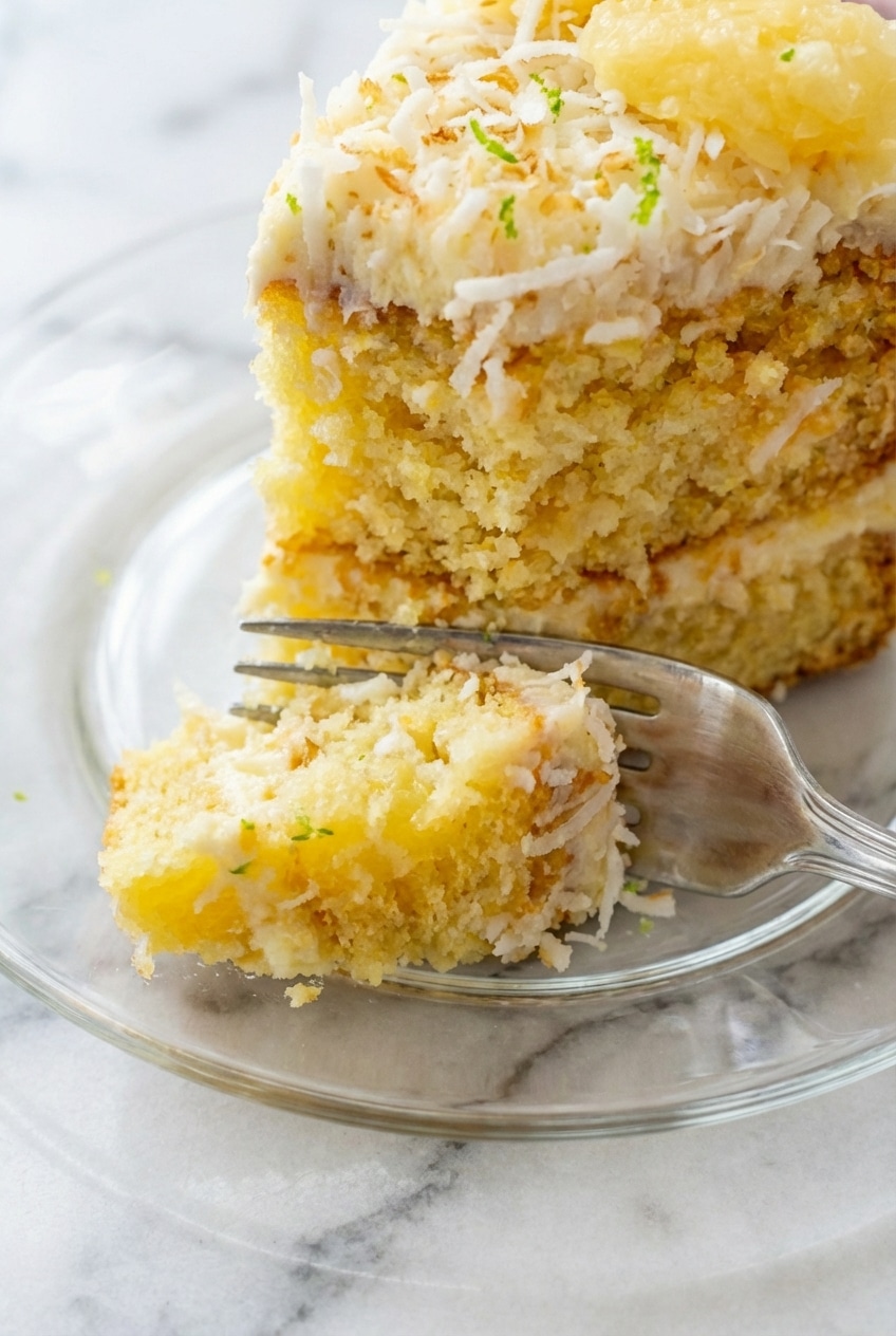 A moist, tender slice of pineapple coconut dream cake showcasing the perfect tropical crumb.