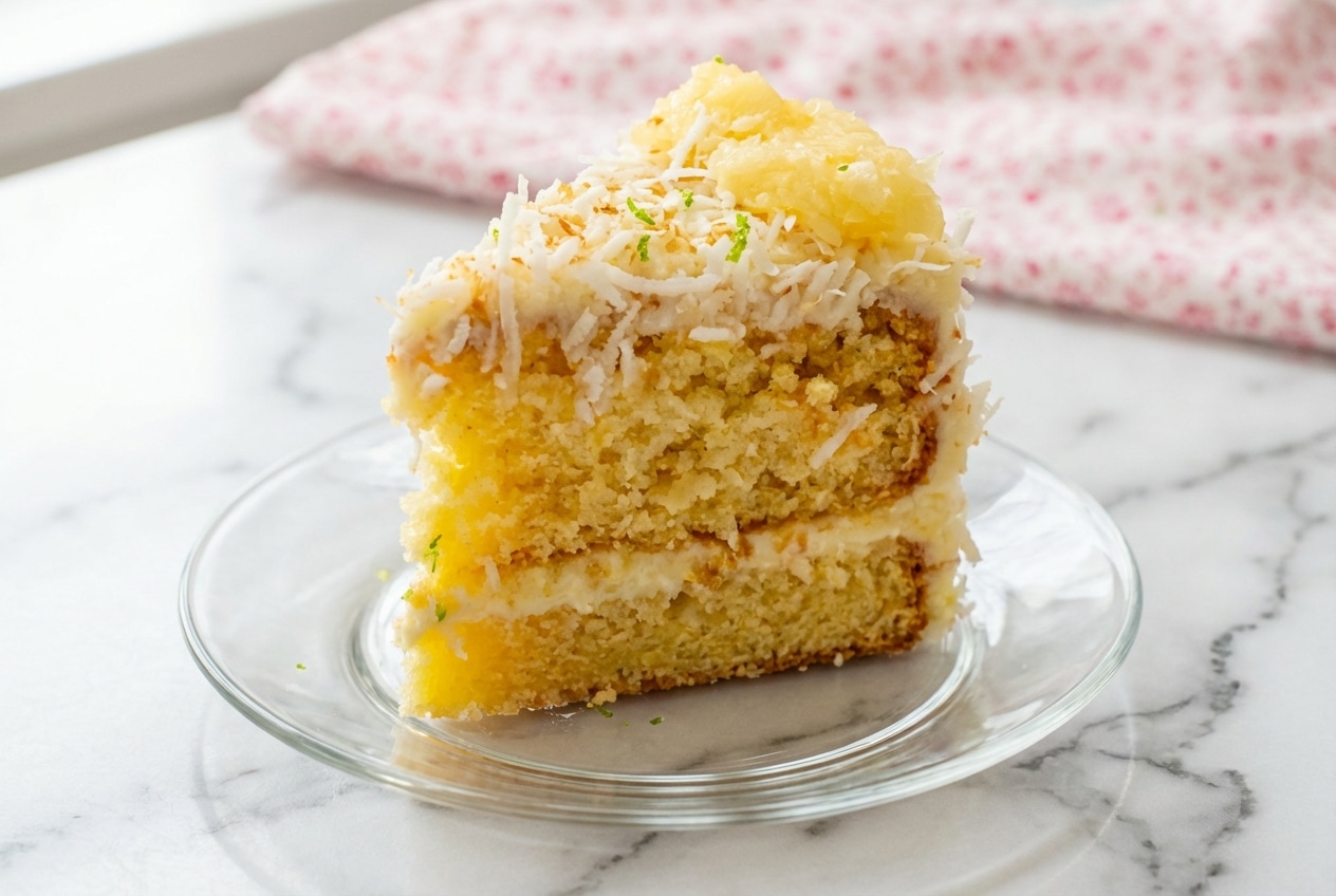Pineapple coconut dream cake featuring browned coconut butter and a lime zest cream cheese frosting.