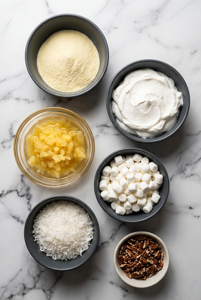 Raw ingredients for pineapple fluff dessert including crushed pineapple, mini marshmallows, and sweetened coconut.