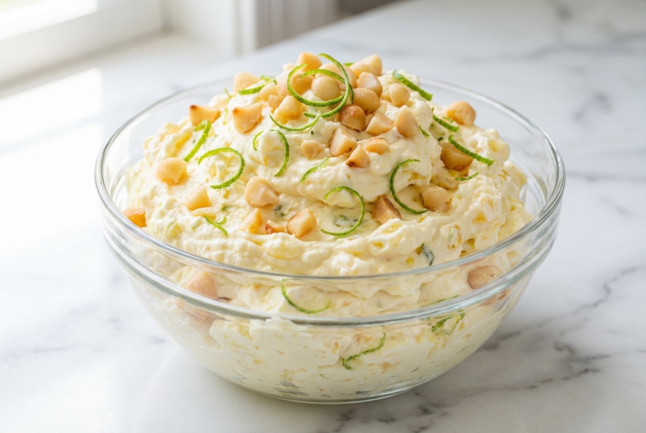 Creamy pineapple fluff dessert topped with crunchy toasted macadamias and fresh lime zest.