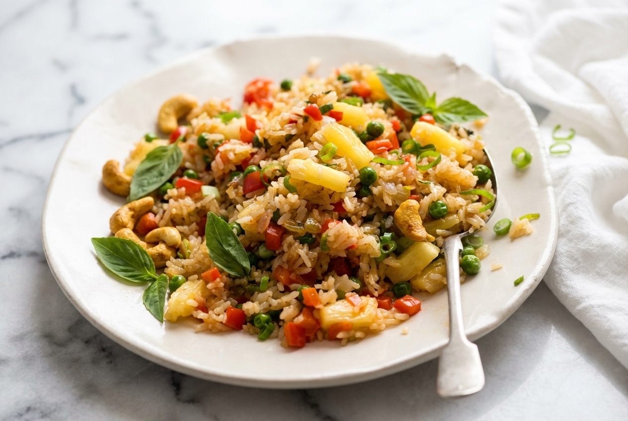 Pineapple fried rice topped with curry-toasted salted cashews and fresh Thai basil in a pineapple boat.