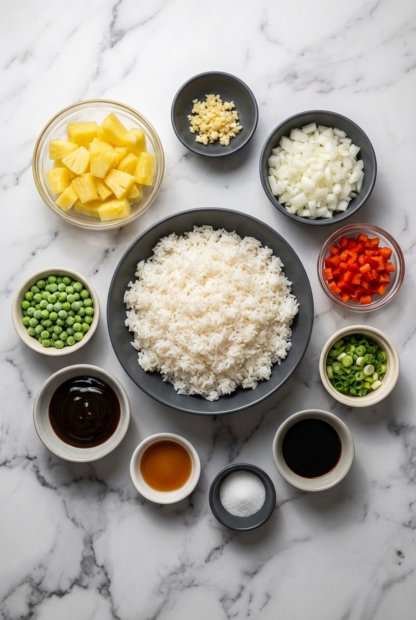 Flat lay of Jasmine rice, yellow curry powder, fish sauce, and fresh pineapple for pineapple fried rice.